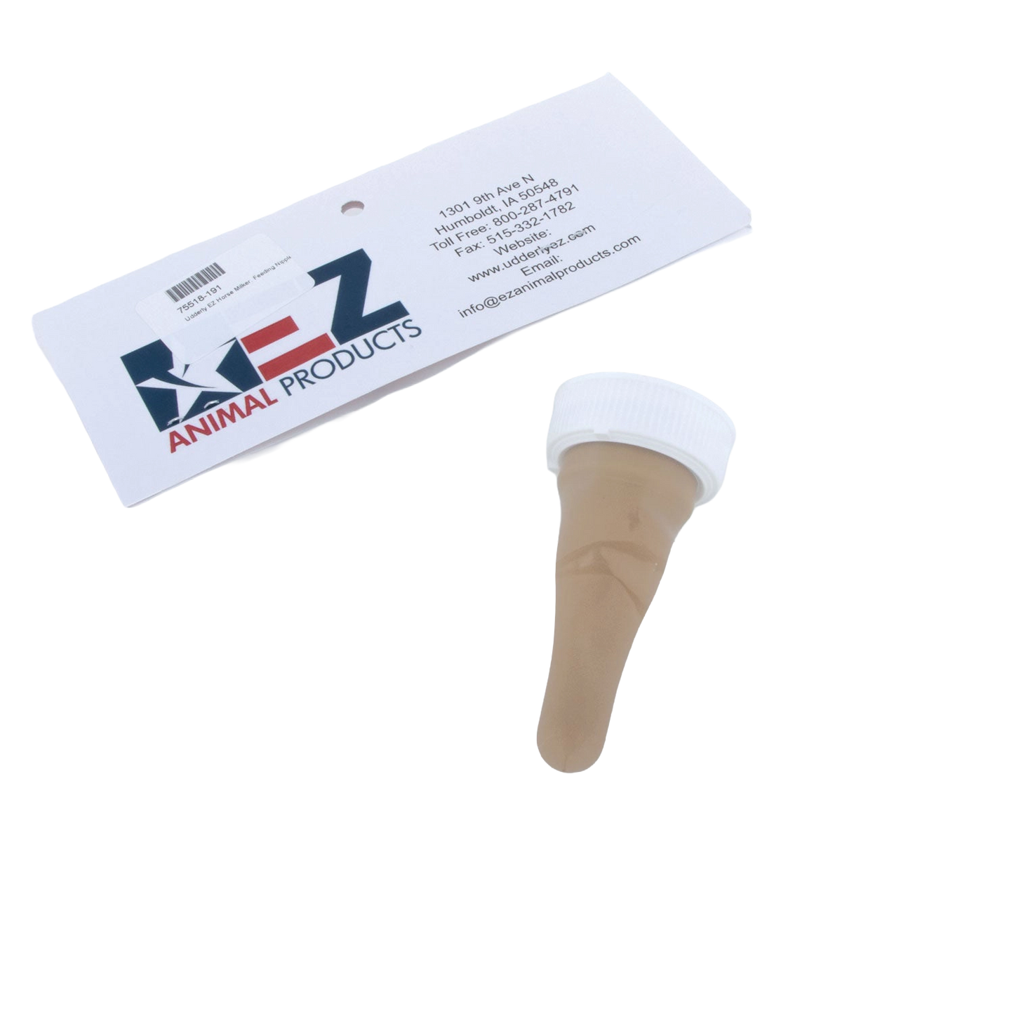 Udderly EZ Horse Milker,"Tan feeding nipple with white screw cap and product tag"
