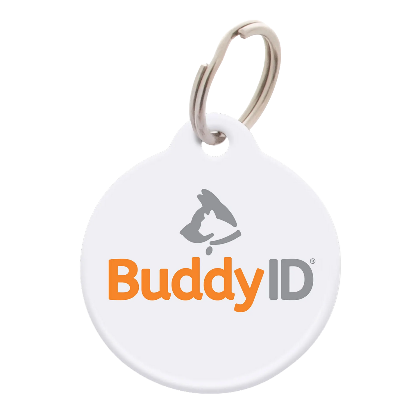 BuddyID® Complete Protection System,"Round white pet ID tag with metal split ring"