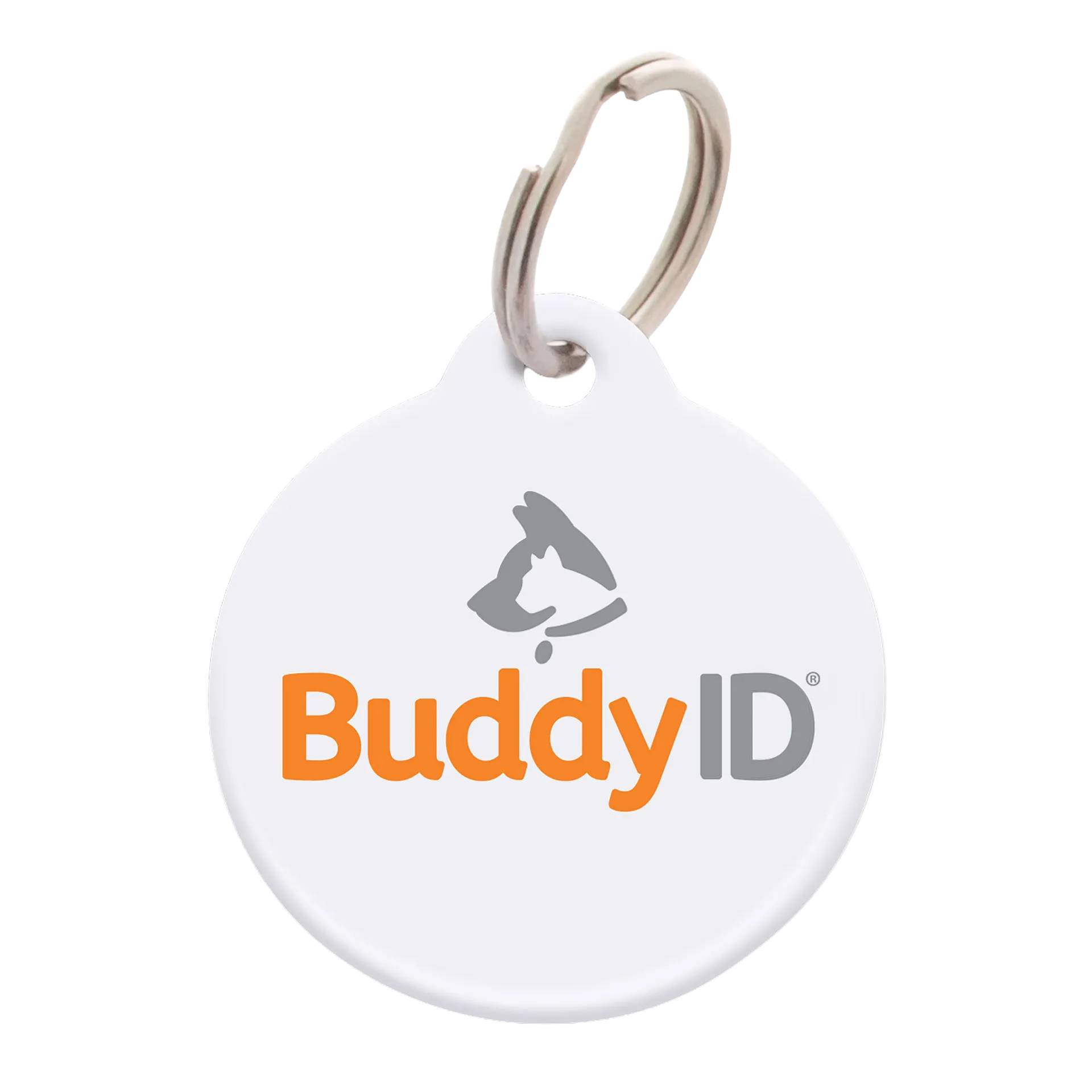 BuddyID® Complete Protection System,"Round white pet ID tag with metal split ring"