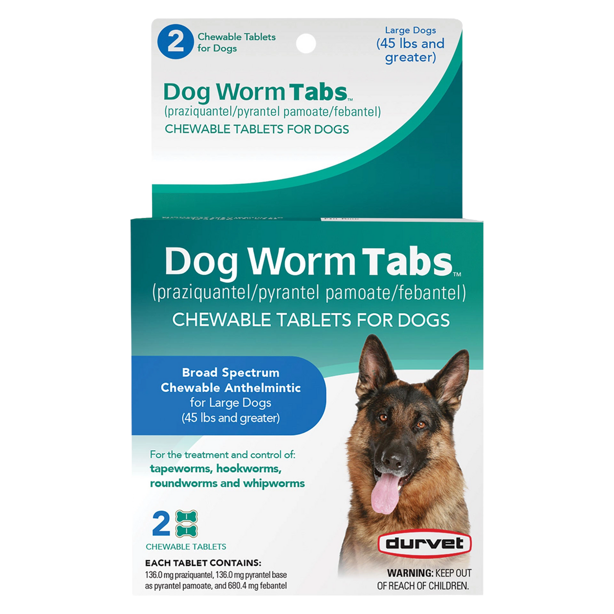 Dog Worm Tabs,"Front of box and hanging carton with dog image"