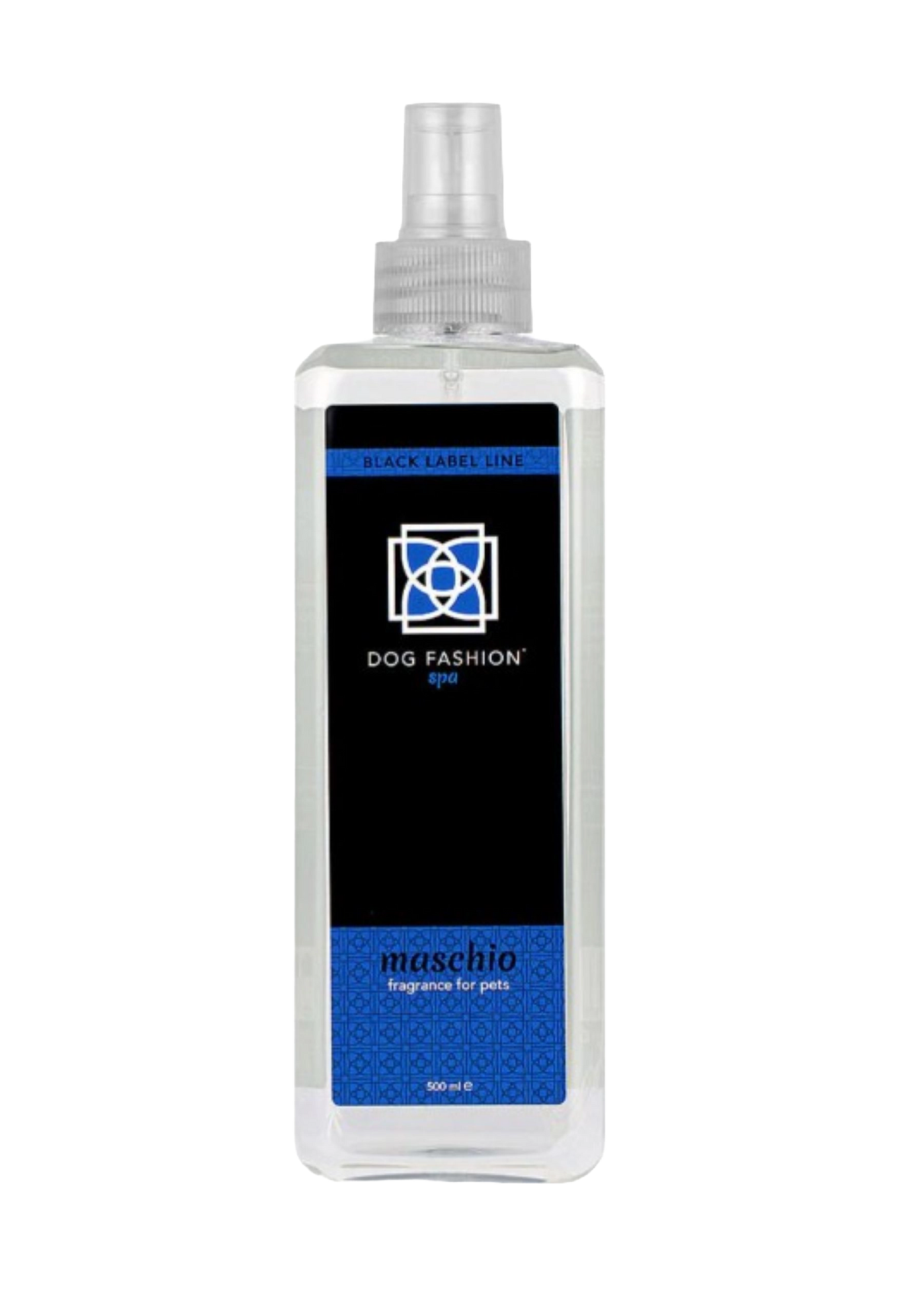 Maschio Fragrance,"Clear rectangular spray bottle with black and blue label"