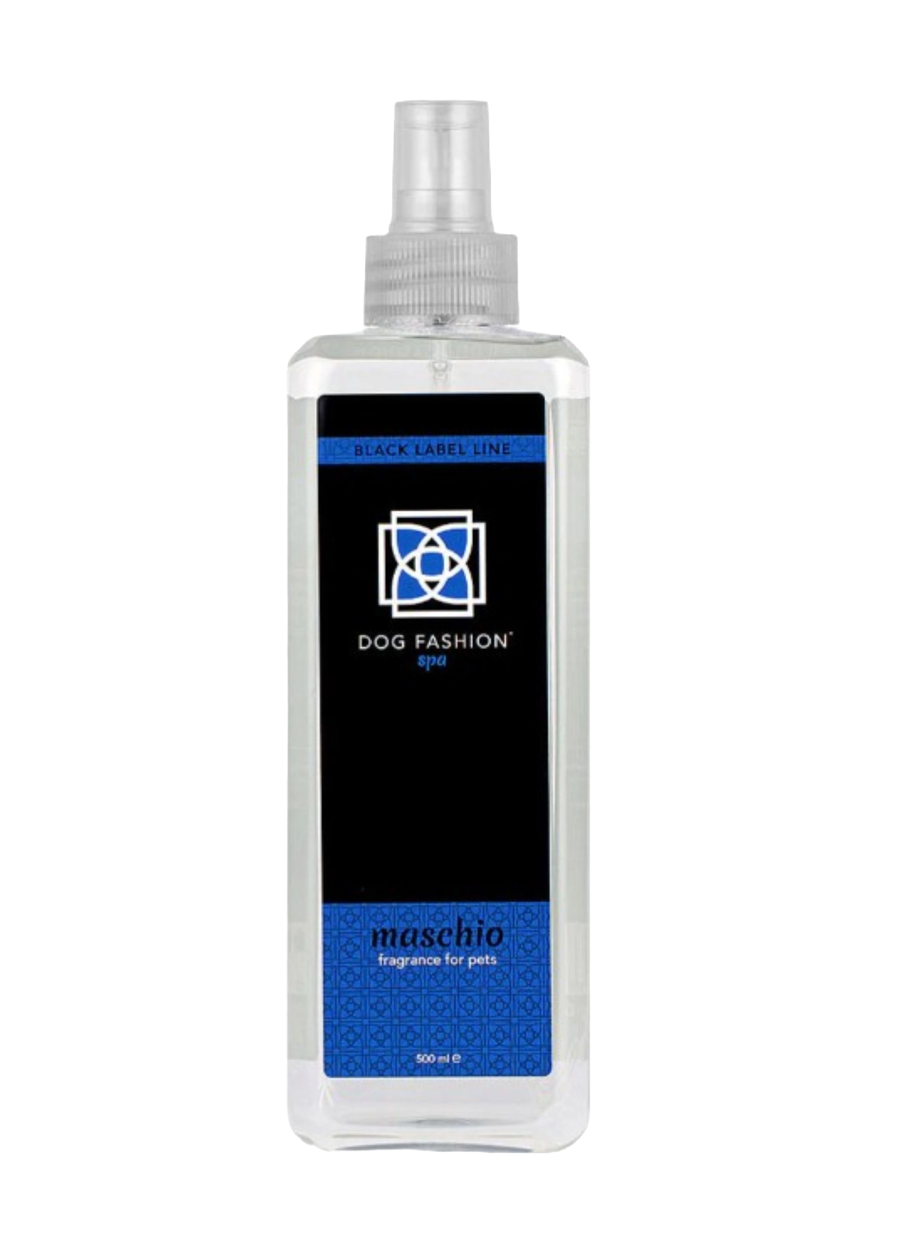 Maschio Fragrance,"Clear rectangular spray bottle with black and blue label"