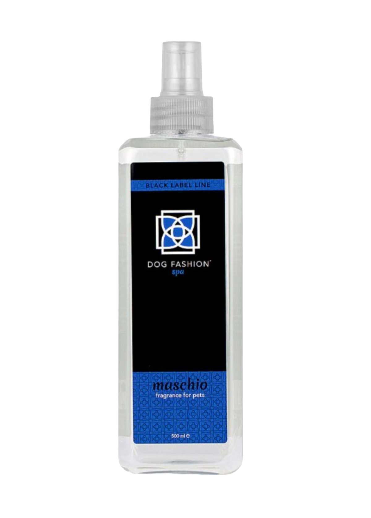 Maschio Fragrance,"Clear rectangular spray bottle with black and blue label"