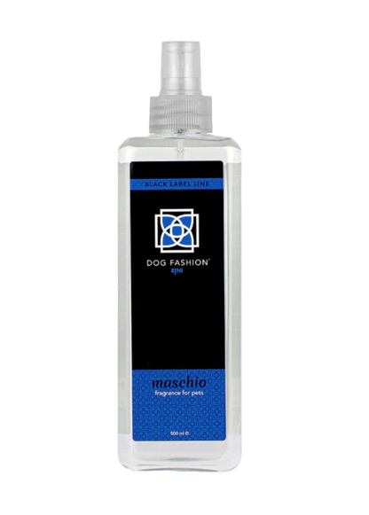 Maschio Fragrance,"Clear rectangular spray bottle with black and blue label"
