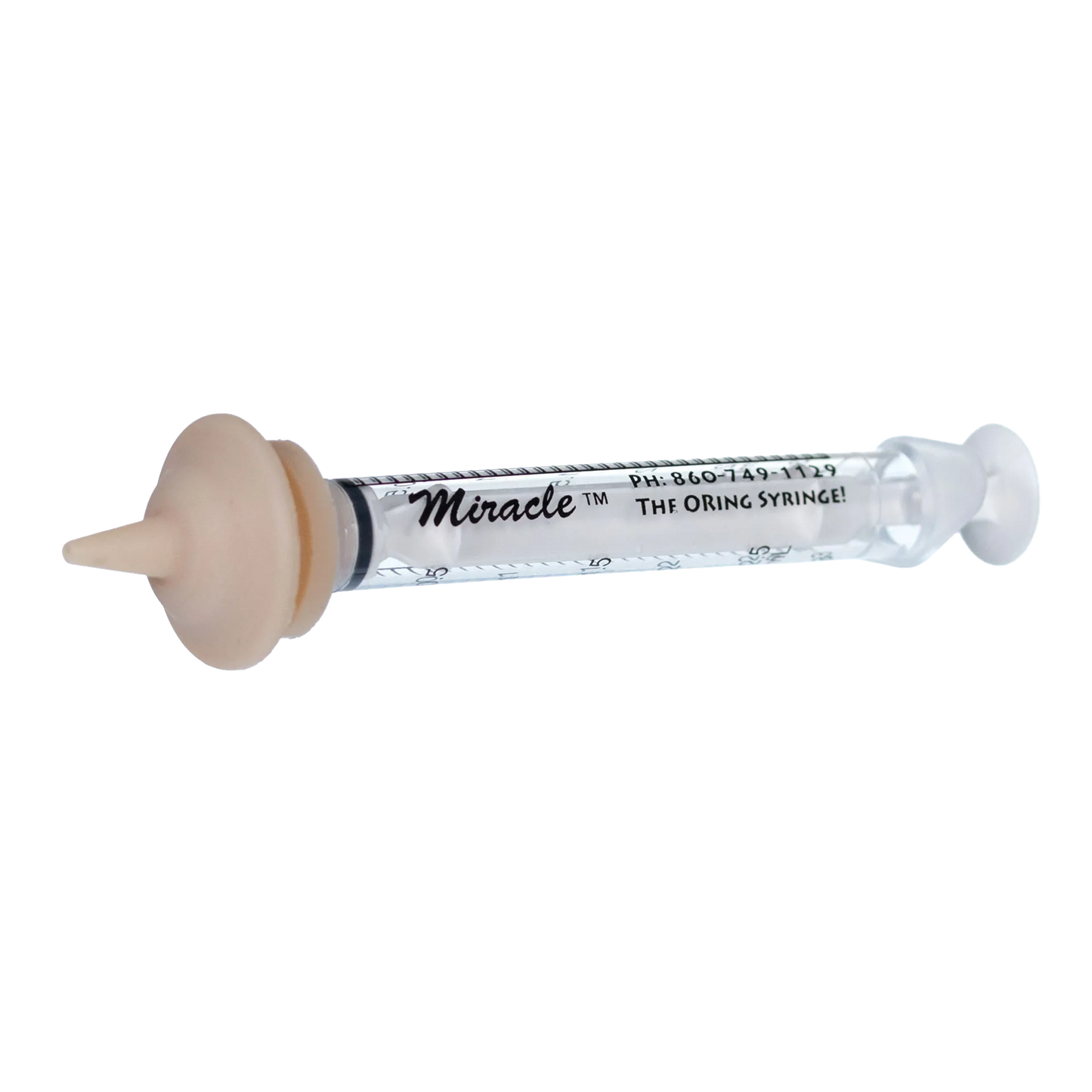 The Miracle Nipple® for Kittens, Puppies, and Small Mammals,"Clear feeding syringe with beige rubber nipple attachment"