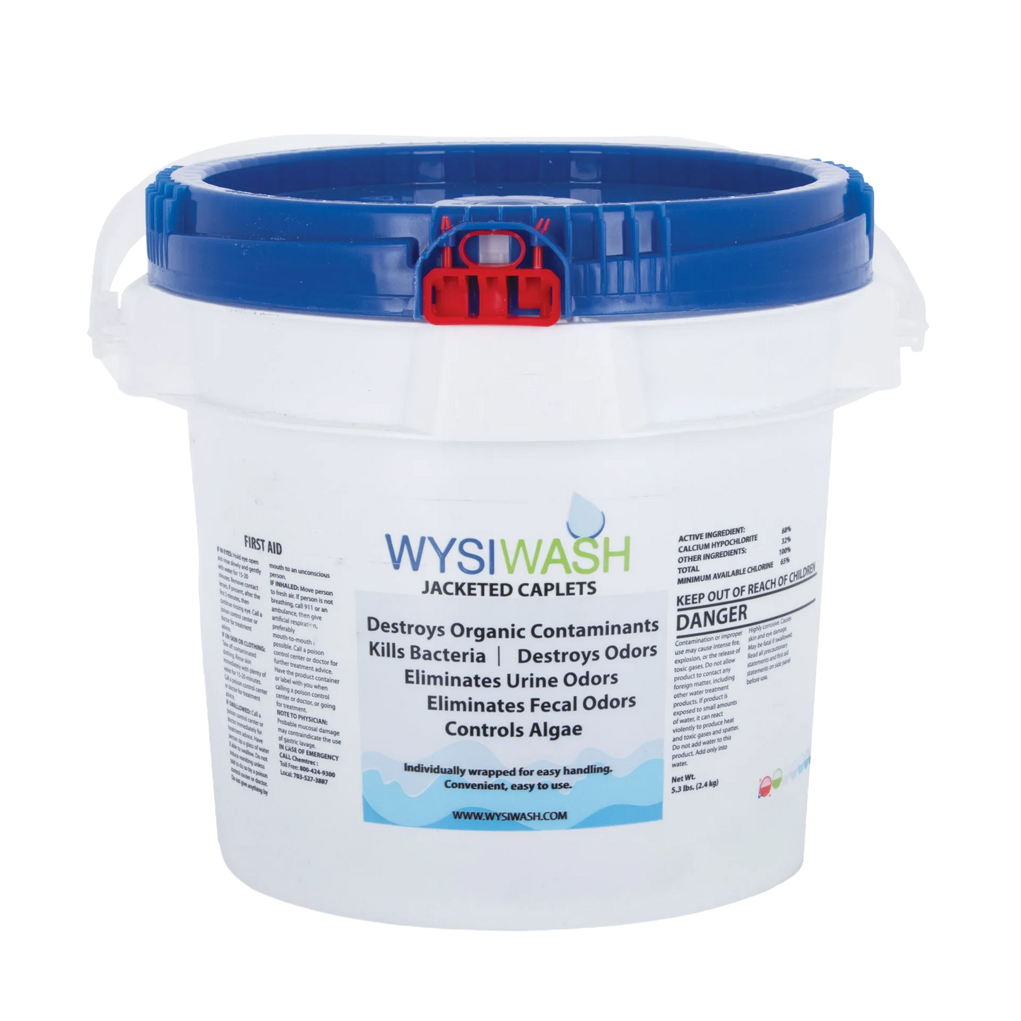 Wysiwash® Sanitizing System,"White bucket with blue lid and red latch, front view"
