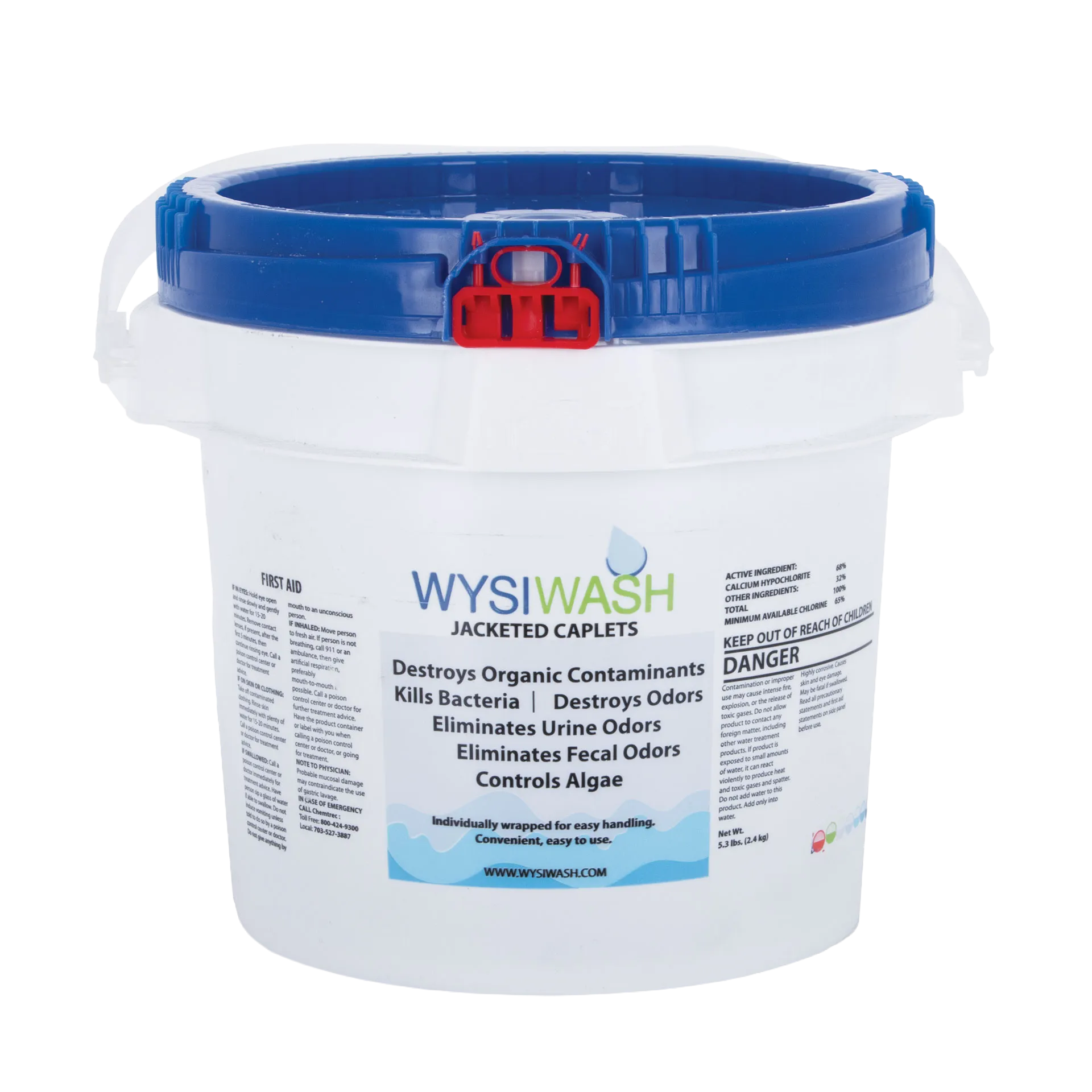 Wysiwash® Sanitizing System,"White bucket with blue lid and red latch, front view"