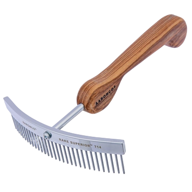 Aaronco Rake Superior Shortey Dematter,"Metal dematting rake with wooden handle and curved teeth"