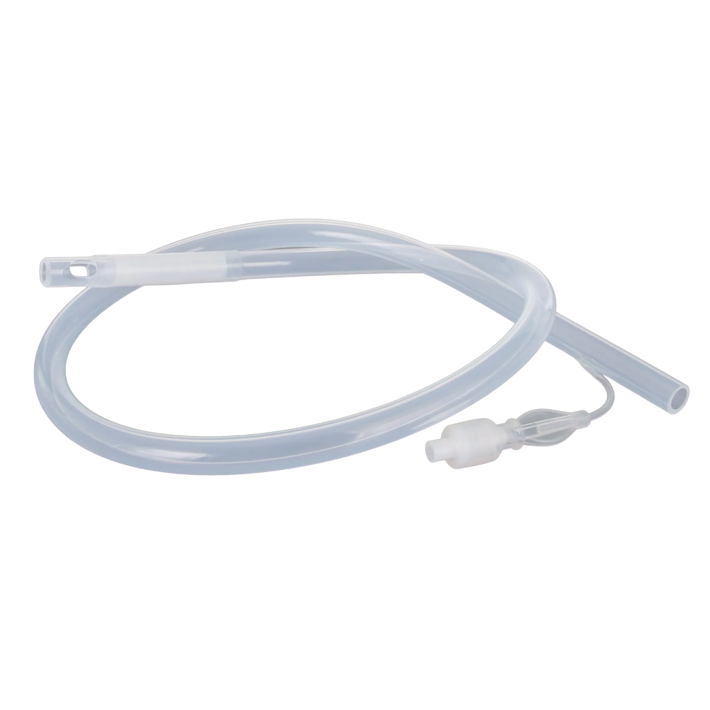 Silicone Flush Catheter 34 French,"Clear coiled catheter tube with inflatable balloon and valve"