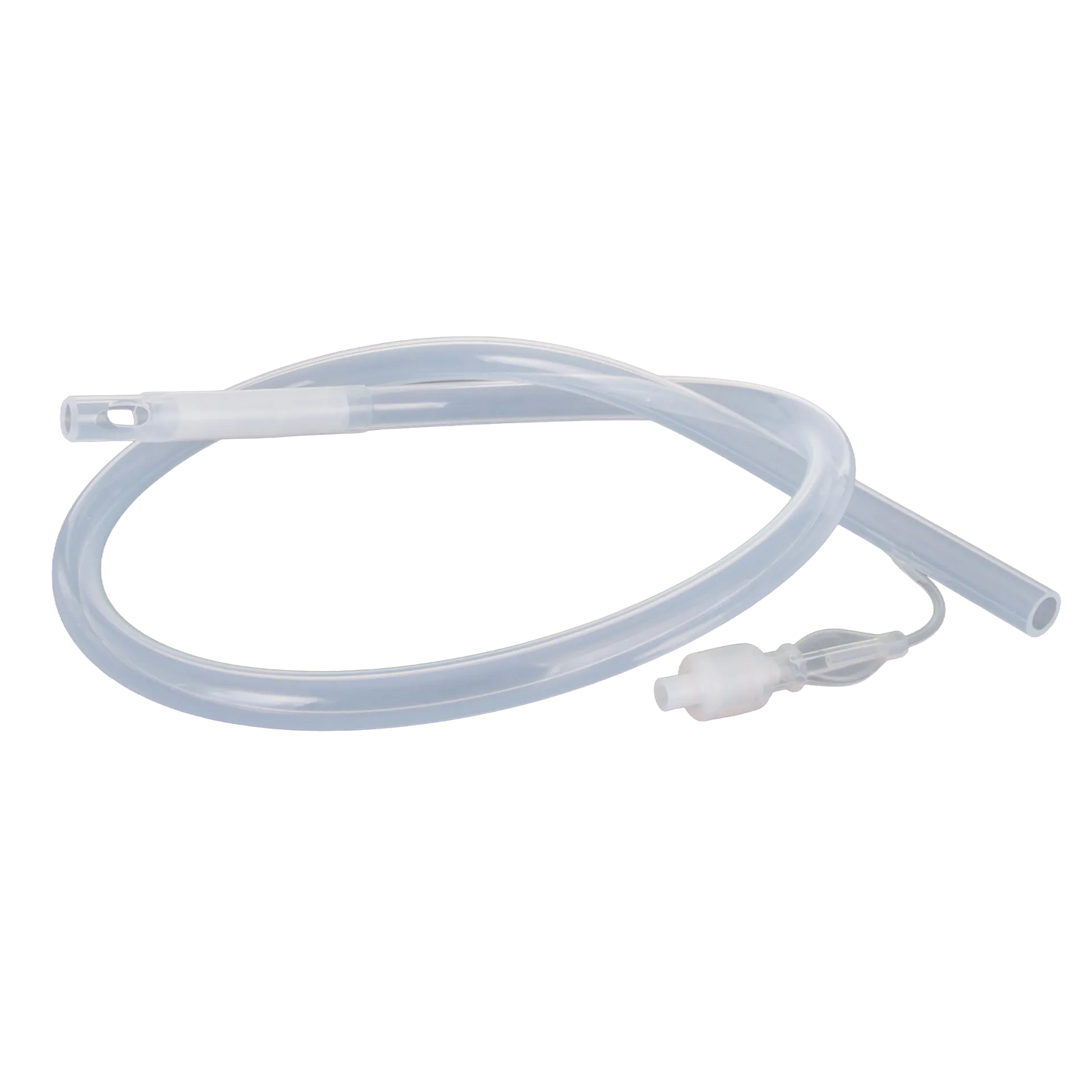 Silicone Flush Catheter 34 French,"Clear coiled catheter tube with inflatable balloon and valve"