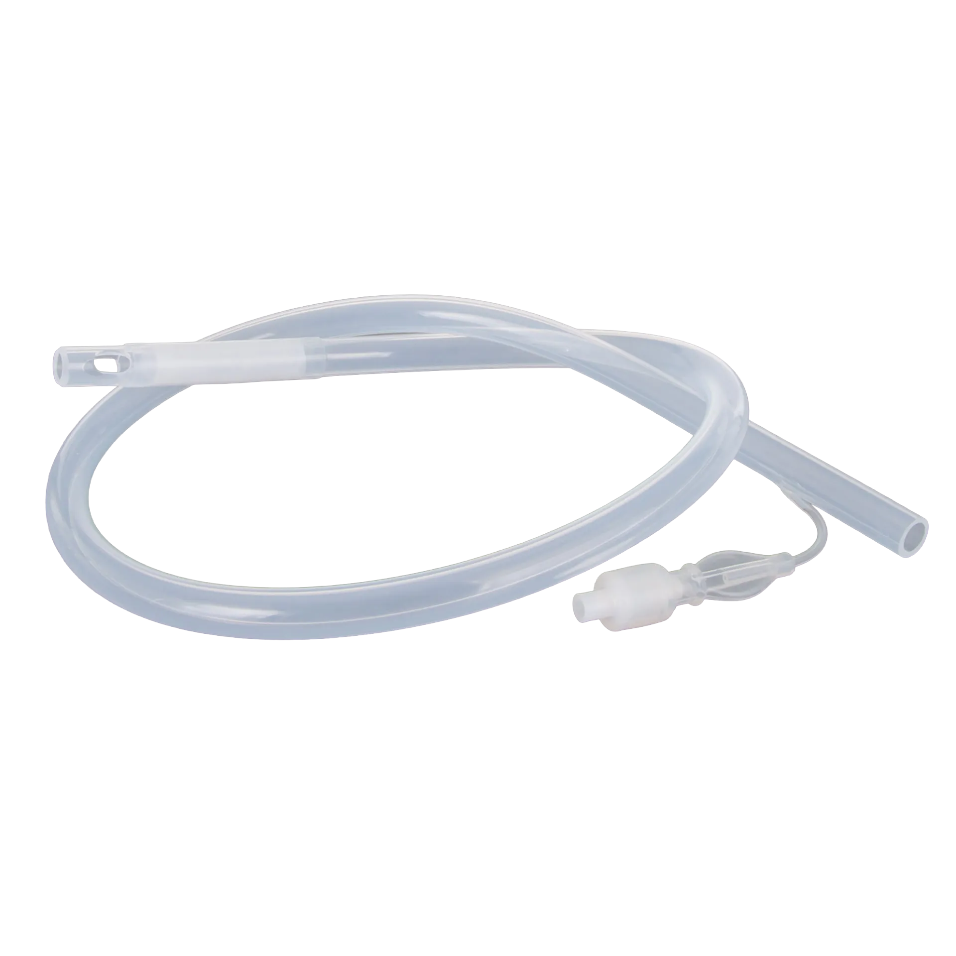 Silicone Flush Catheter 34 French,"Clear coiled catheter tube with inflatable balloon and valve"