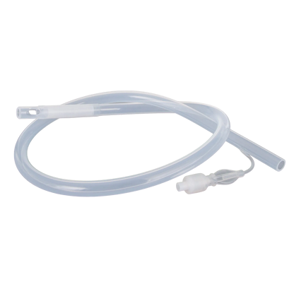 Silicone Flush Catheter 34 French,"Clear coiled catheter tube with inflatable balloon and valve"