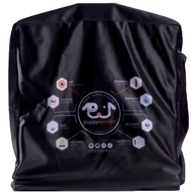Puppywarmer Cover,"Black square fabric cover with printed front panel"