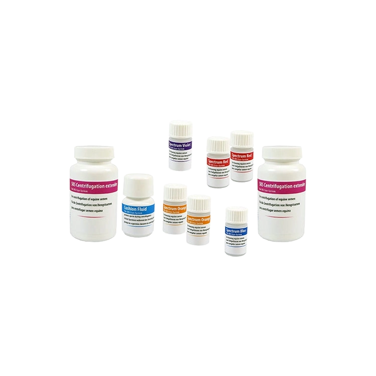 SBS Spectrum Equine Semen Freezing Extender,"Assorted white bottles and vials with color-coded labels"