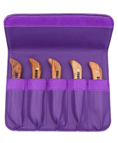 Aaronco Set of 5 Stripping Knife,"Five wooden stripping knives in purple storage pouch"