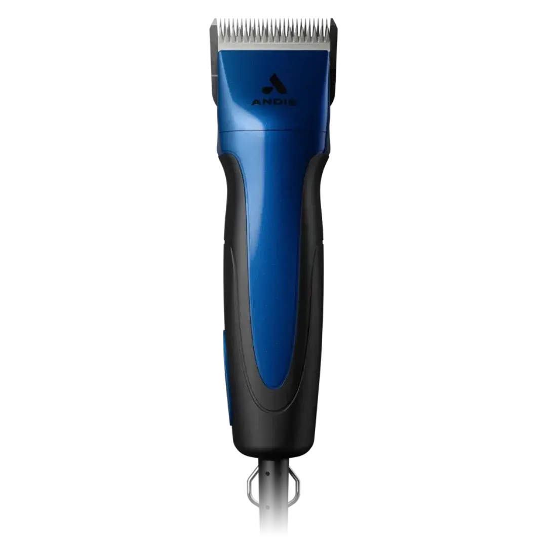 Excel 5-Speed Detachable Blade Clipper Blue by Andis,"Blue clipper with silver blade, front view"