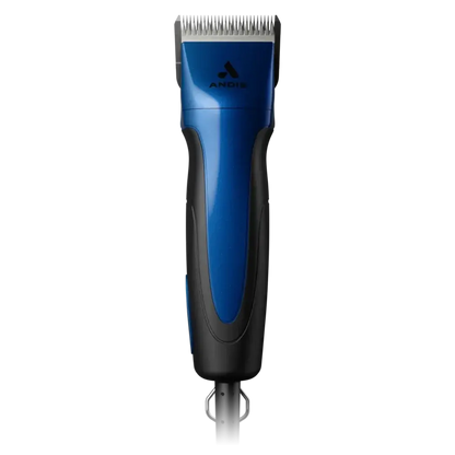 Excel 5-Speed Detachable Blade Clipper Blue by Andis,"Blue clipper with silver blade, front view"