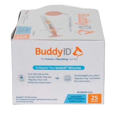 BuddyID®  ISO Microchip,"Product box with orange syringe illustration and 25-count label"