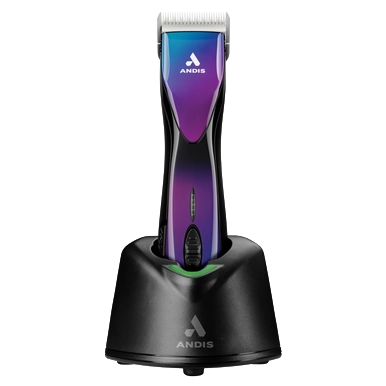 Pulse ZR II - Purple Galaxy Limited Edition Clipper by Andis,"Purple and black clipper in charging stand"