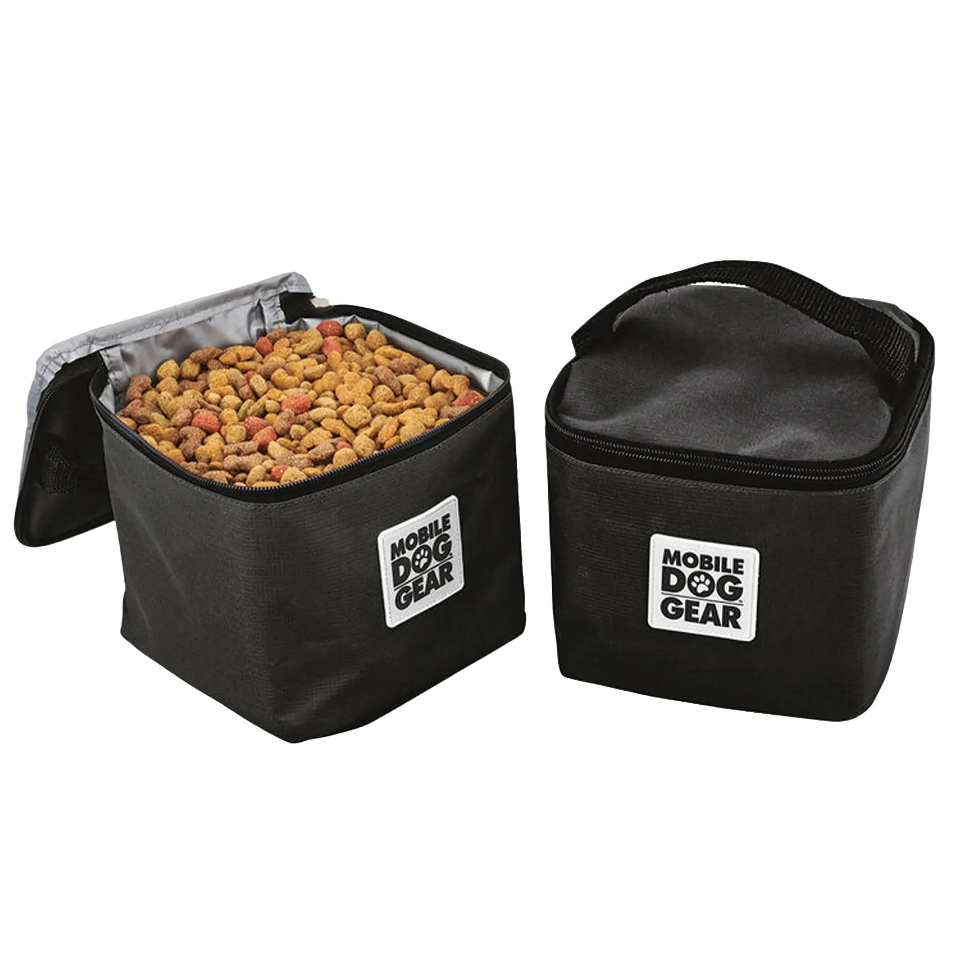 Replacement Insulated Dog Food Carriers,"Two black insulated food carriers, one open and filled with kibble"