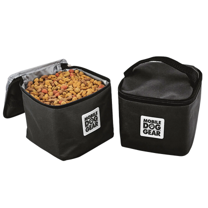 Replacement Insulated Dog Food Carriers,"Two black insulated food carriers, one open and filled with kibble"