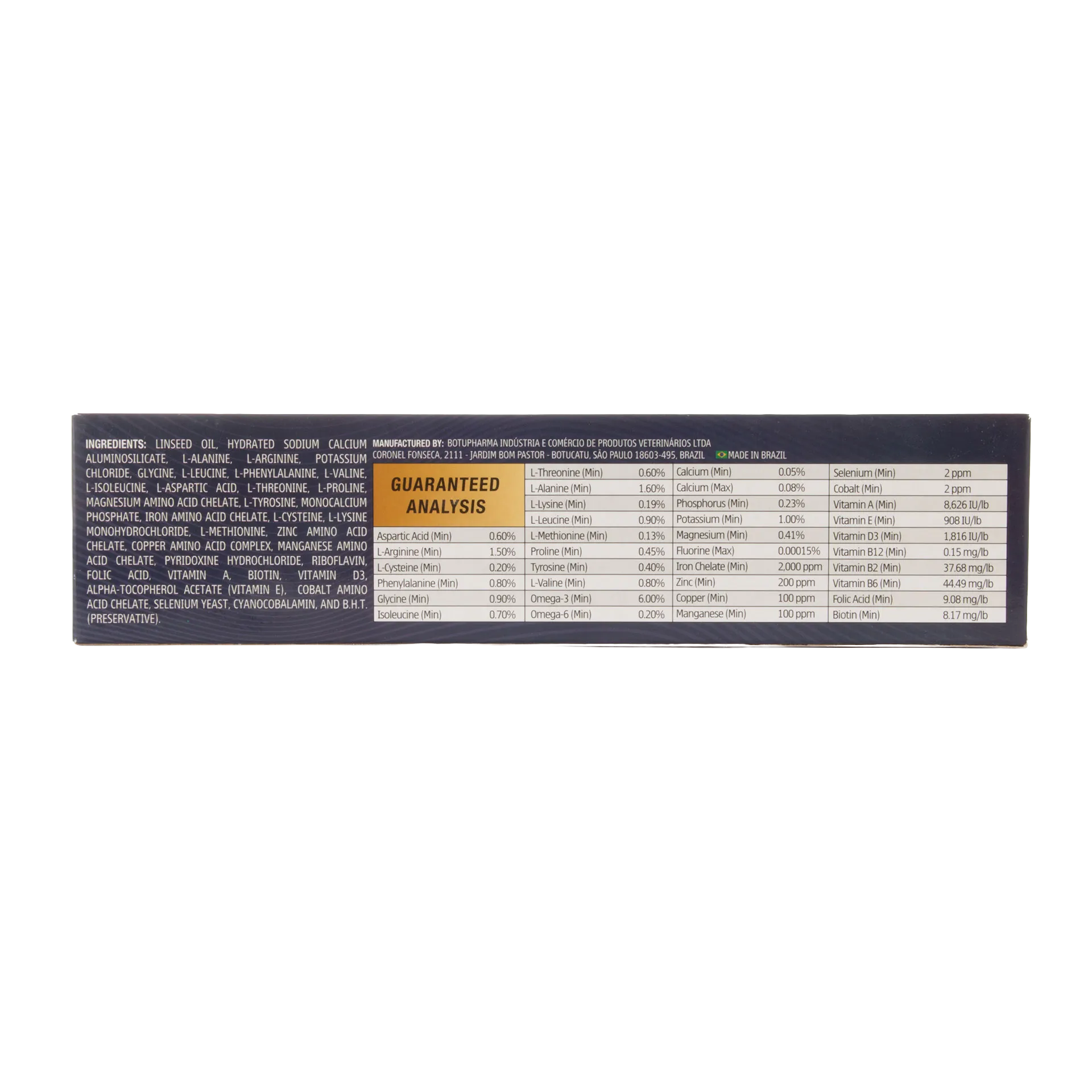 Botumix Newborn Supplement,"Side view of box with ingredients and analysis panel"