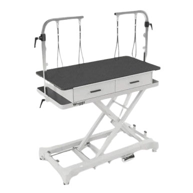 """50"""" Dog Grooming 999P Electric Table with Drawer by Waggz","Electric grooming table with black top, arm supports, and two drawers"