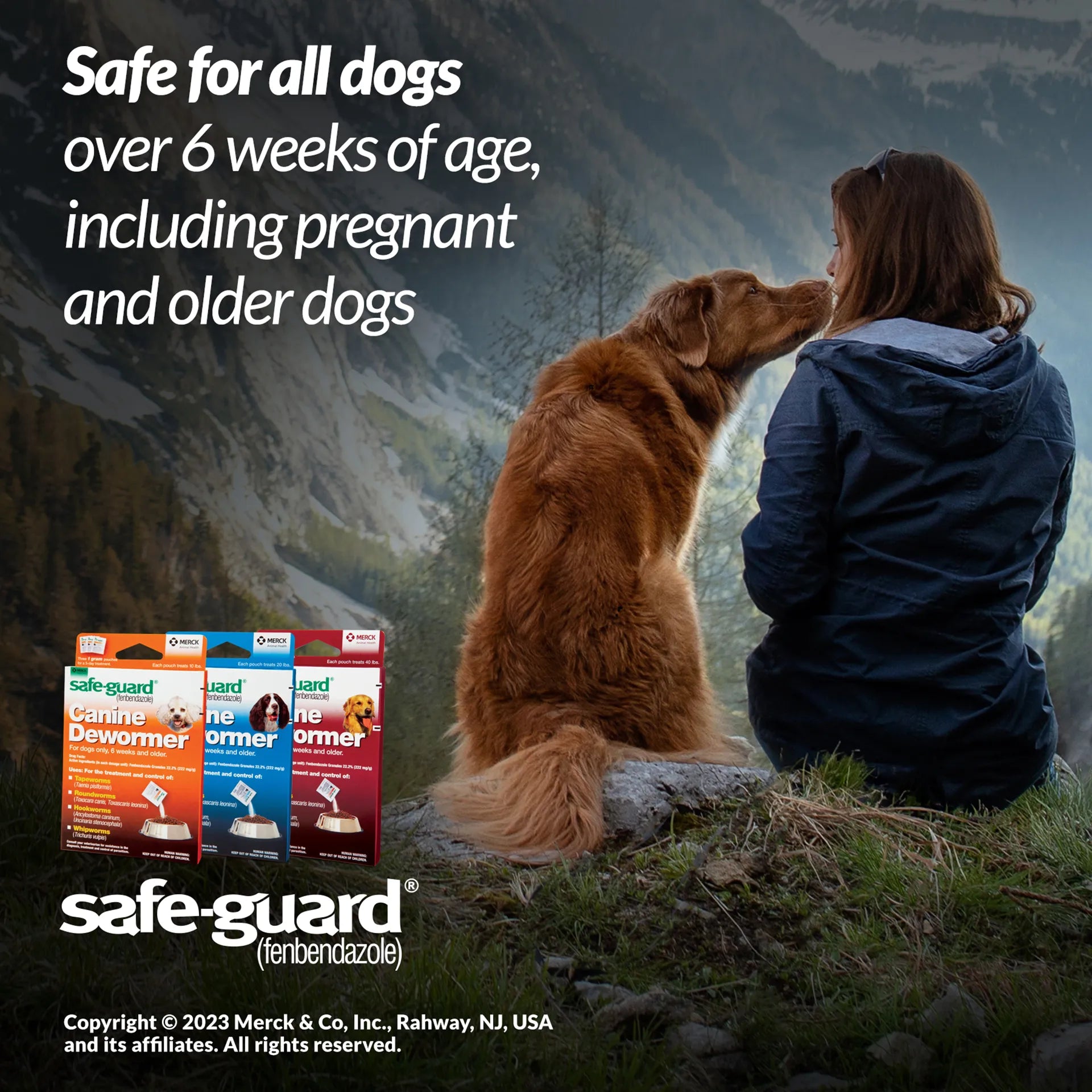 Safe-Guard® Canine Dewormer for Dogs,"Dog beside woman outdoors with three dewormer boxes"