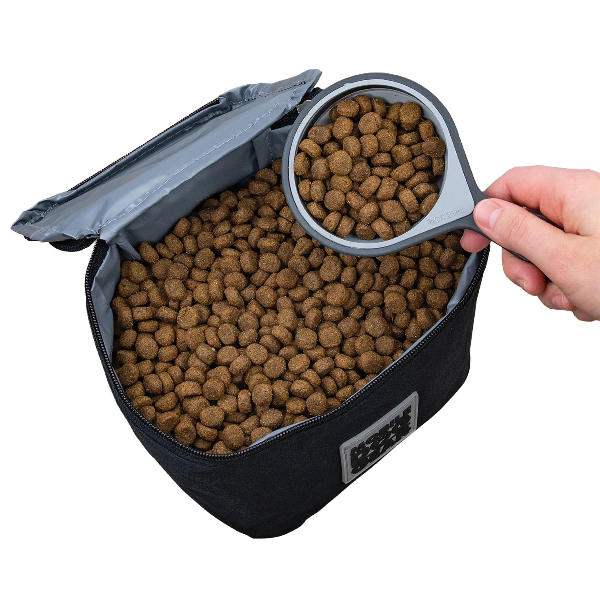 Replacement Insulated Dog Food Carriers,"Open insulated food carrier filled with kibble and scoop"