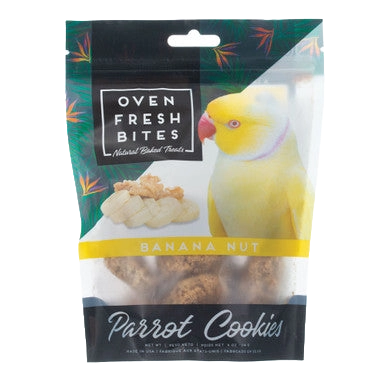 Caitec Oven Fresh Bites Parrot Cookies,"Front view of treat pouch with yellow parrot and cookies"