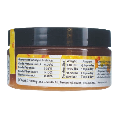 K9 Honey,"Amber jar with black lid, side label view"