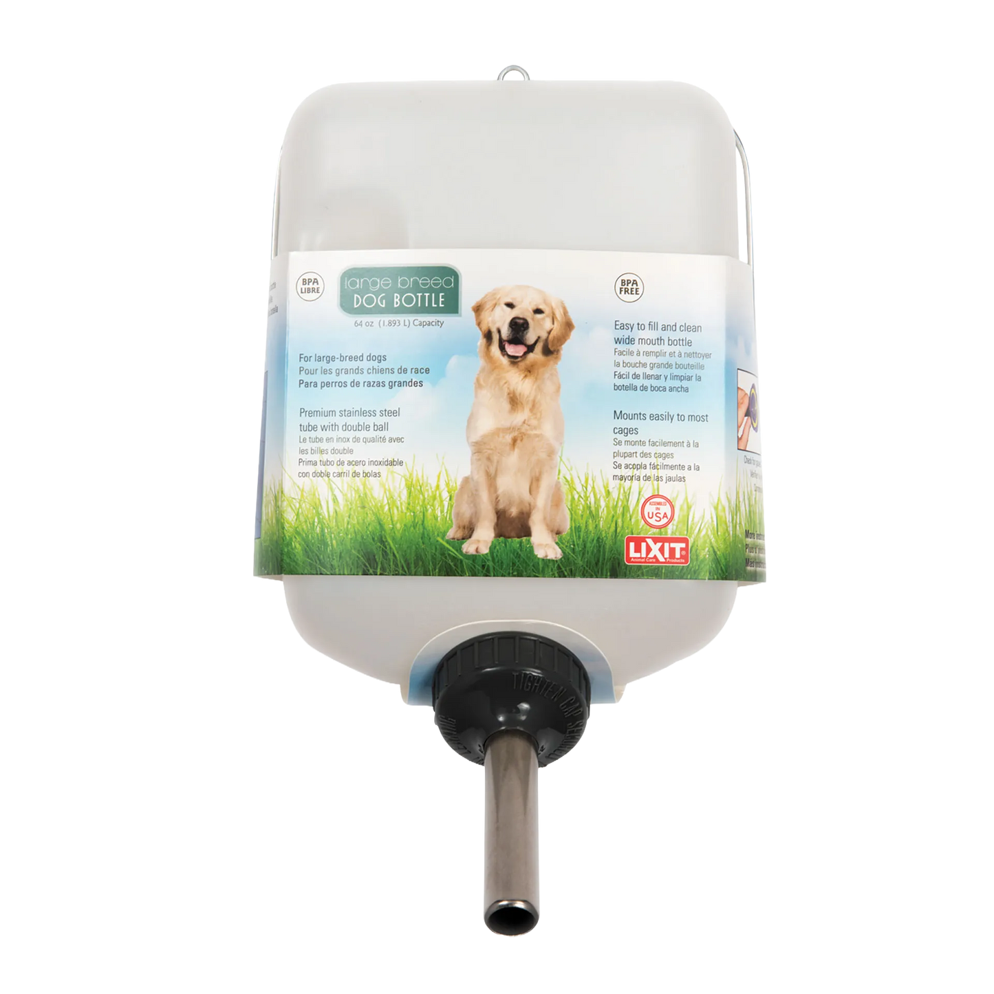 Lixit® Dog Waterer,"Front view of clear water bottle with metal drinking tube"