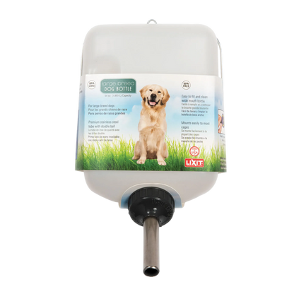 Lixit® Dog Waterer,"Front view of clear water bottle with metal drinking tube"