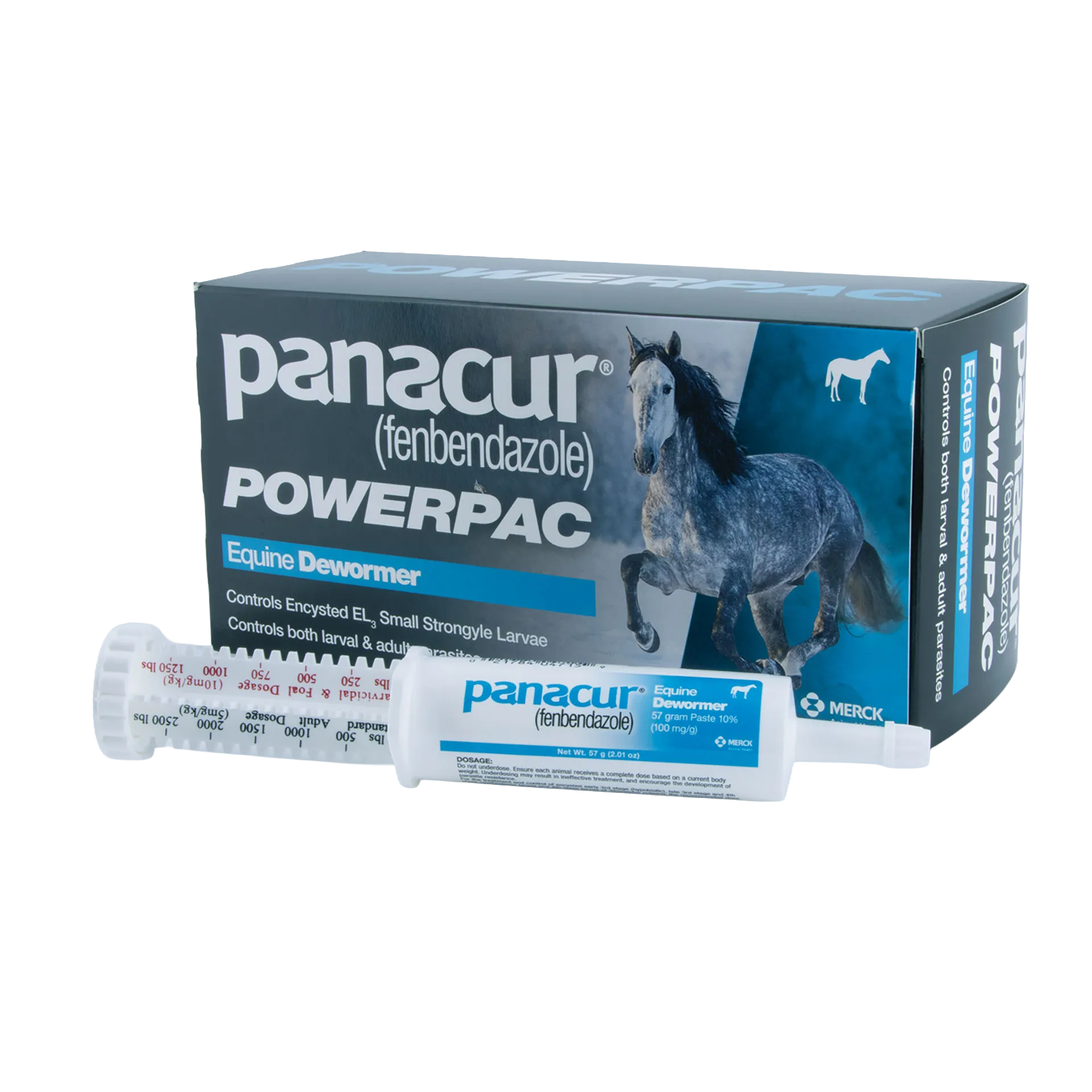 Panacur® PowerPac Paste Horse Dewormer,"Paste syringe and product box with horse image"