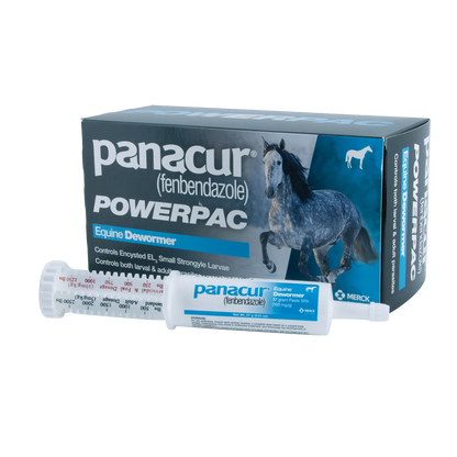 Panacur® PowerPac Paste Horse Dewormer,"Paste syringe and product box with horse image"