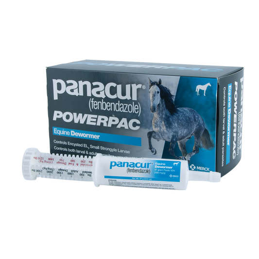 Panacur® PowerPac Paste Horse Dewormer,"Paste syringe and product box with horse image"