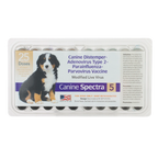 Canine® Spectra 5,"Clear plastic vaccine tray with boxed vials and puppy label"