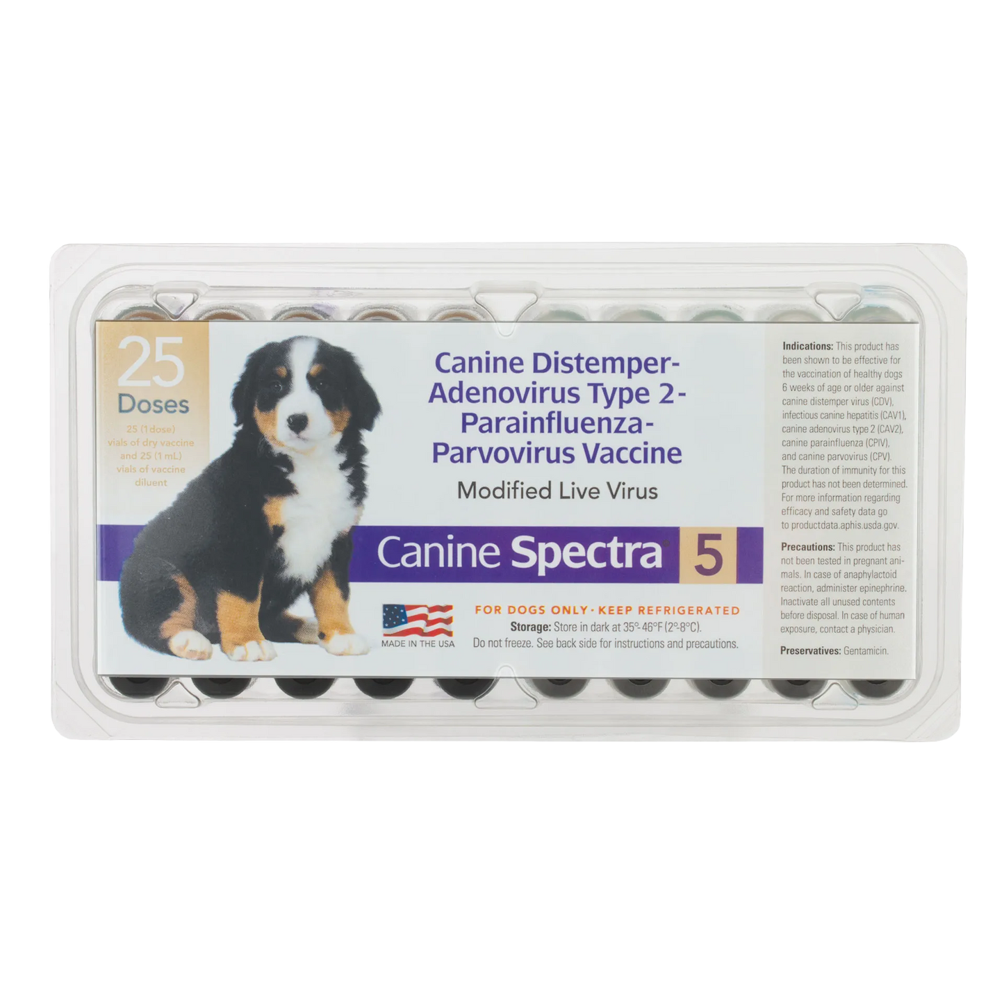 Canine® Spectra 5,"Clear plastic vaccine tray with boxed vials and puppy label"