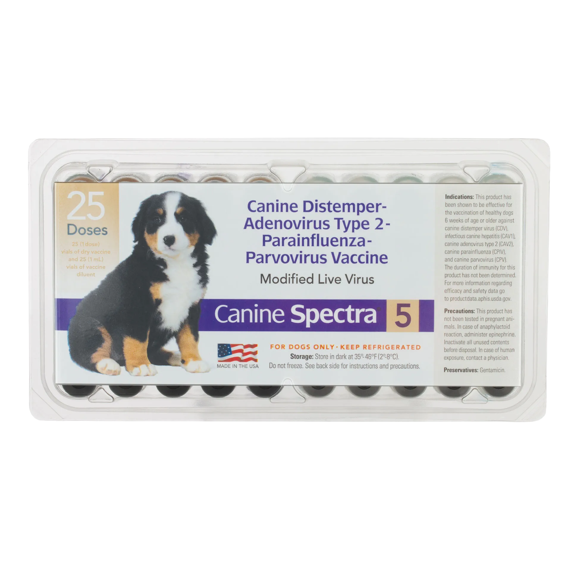 Canine® Spectra 5,"Clear plastic vaccine tray with boxed vials and puppy label"
