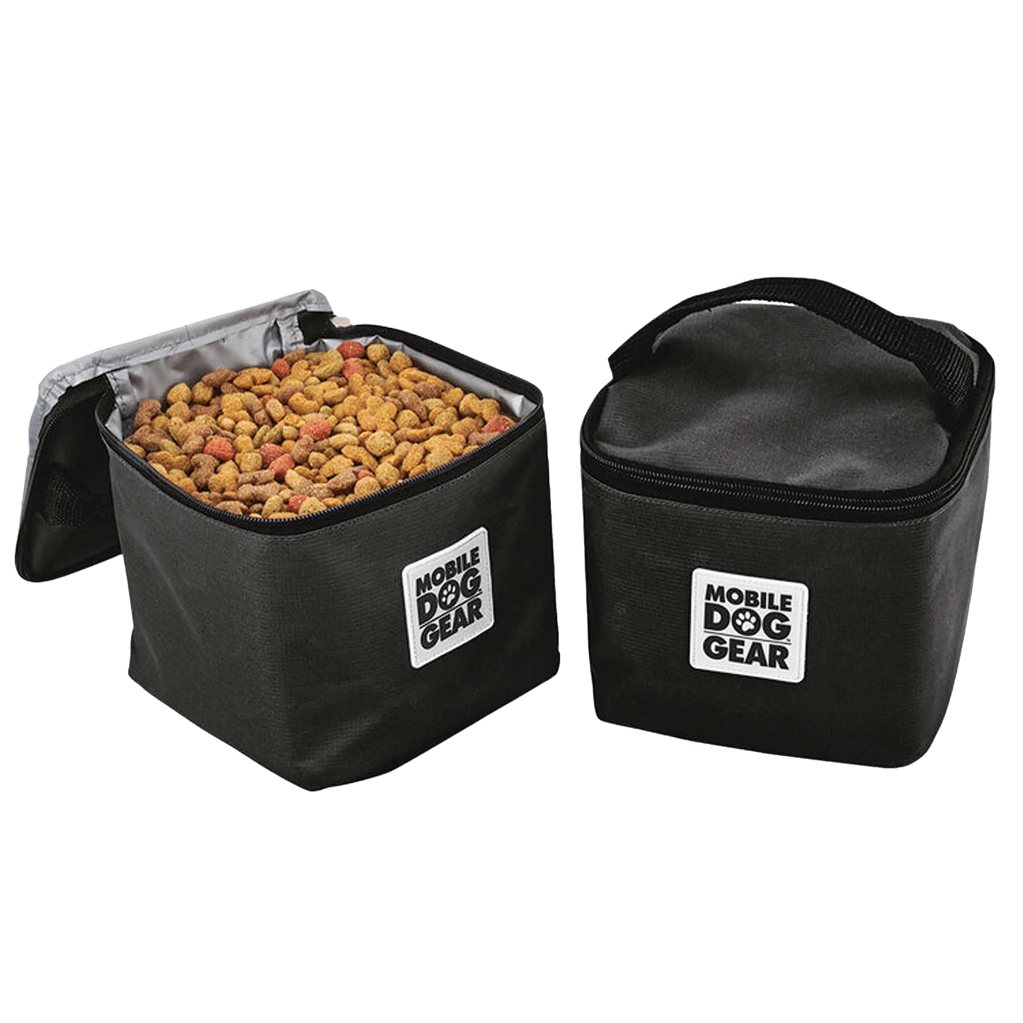 Replacement Insulated Dog Food Carriers,"Two black insulated dog food carriers, one open and filled with kibble"