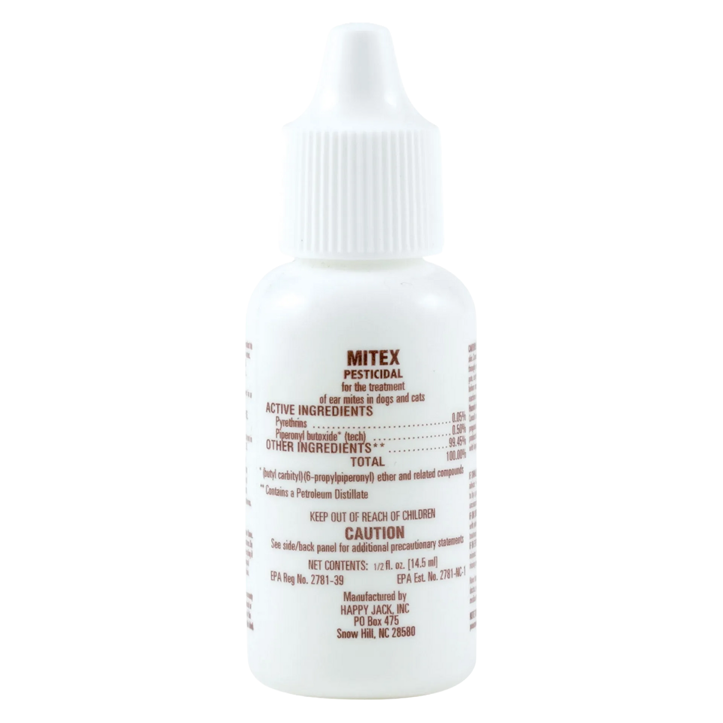 Happy Jack® Mitex™,"White squeeze bottle with ribbed twist cap"