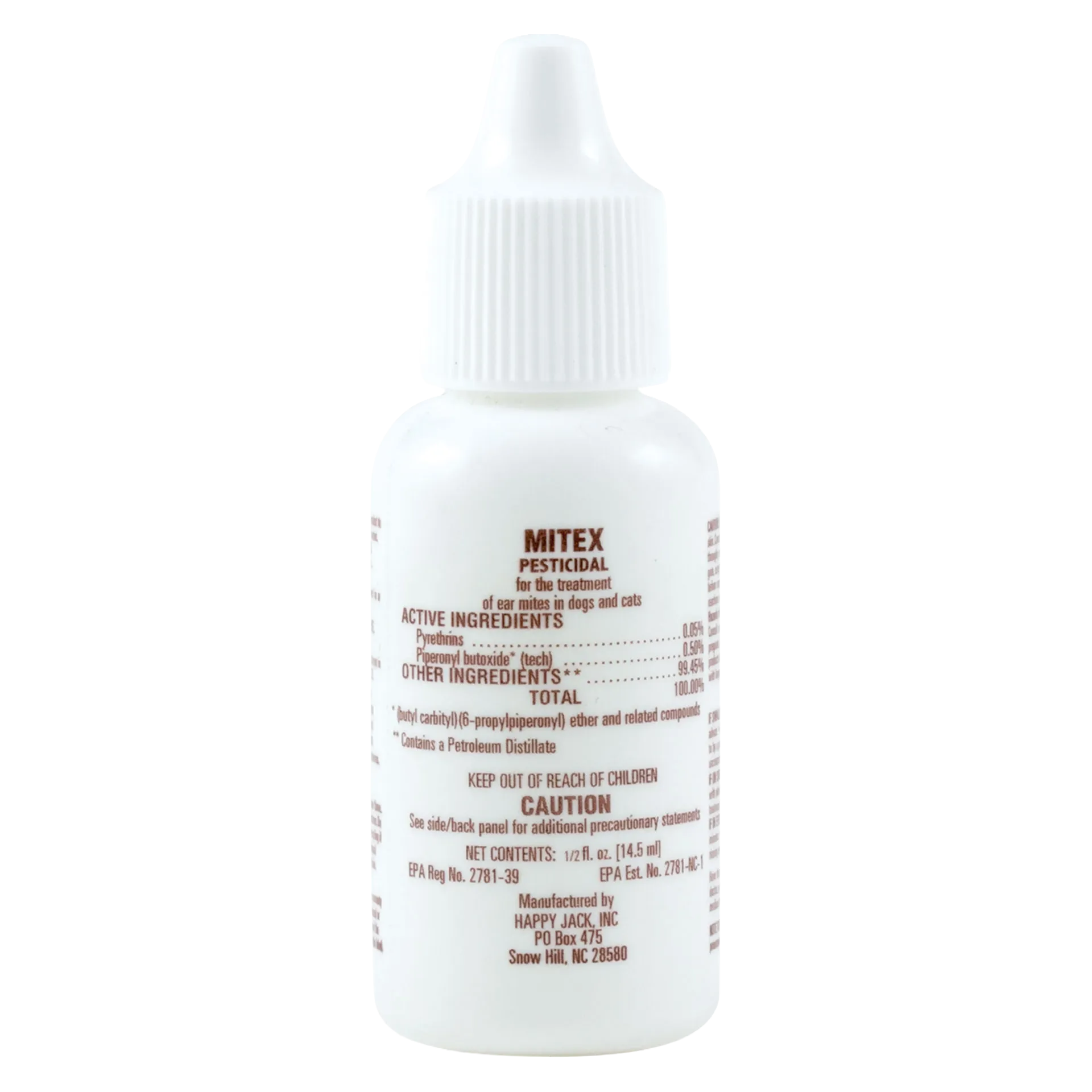 Happy Jack® Mitex™,"White squeeze bottle with ribbed twist cap"