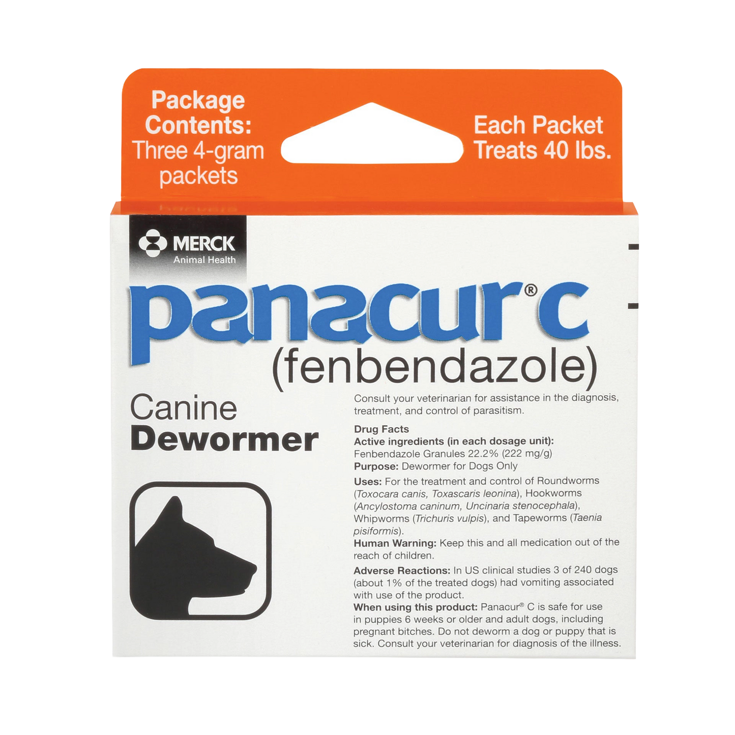 Panacur® C Canine Dewormer,"Front of box with orange top flap and dog silhouette"