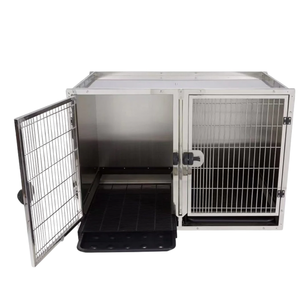 Module Stack Duo Dog Grooming Stainless Steel Cage by Waggz,"Double stainless steel dog cage with open door and floor tray"