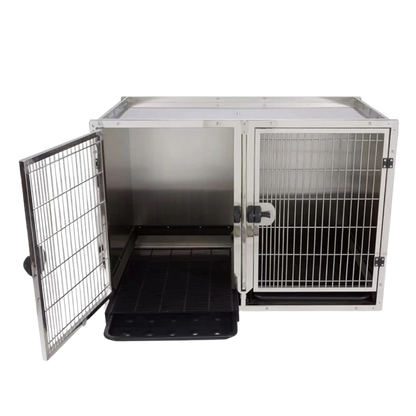 Module Stack Duo Dog Grooming Stainless Steel Cage by Waggz,"Double stainless steel dog cage with open door and floor tray"