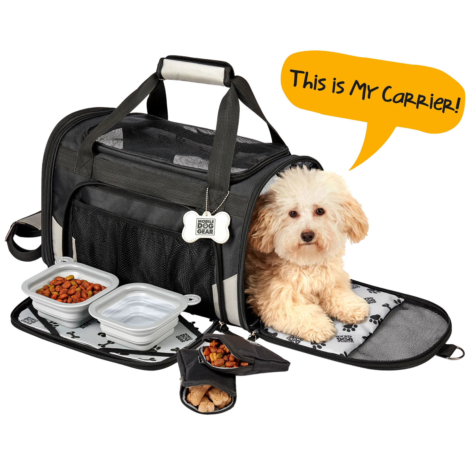 Mobile Dog Gear Pet Carrier Plus,"Black soft pet carrier with dog, bowls, and treat pouches"