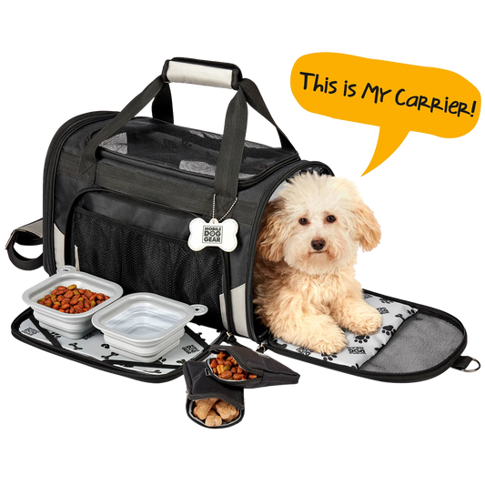 Mobile Dog Gear Pet Carrier Plus,"Black soft pet carrier with dog, bowls, and treat pouches"