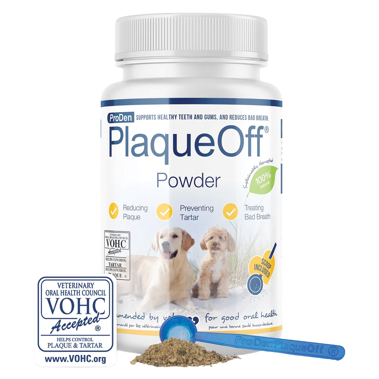 ProDen PlaqueOff® Powder,"Powder jar with blue scoop and small pile of powder"