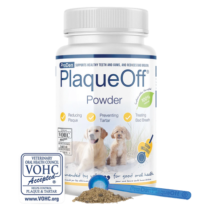 ProDen PlaqueOff® Powder,"Powder jar with blue scoop and small pile of powder"