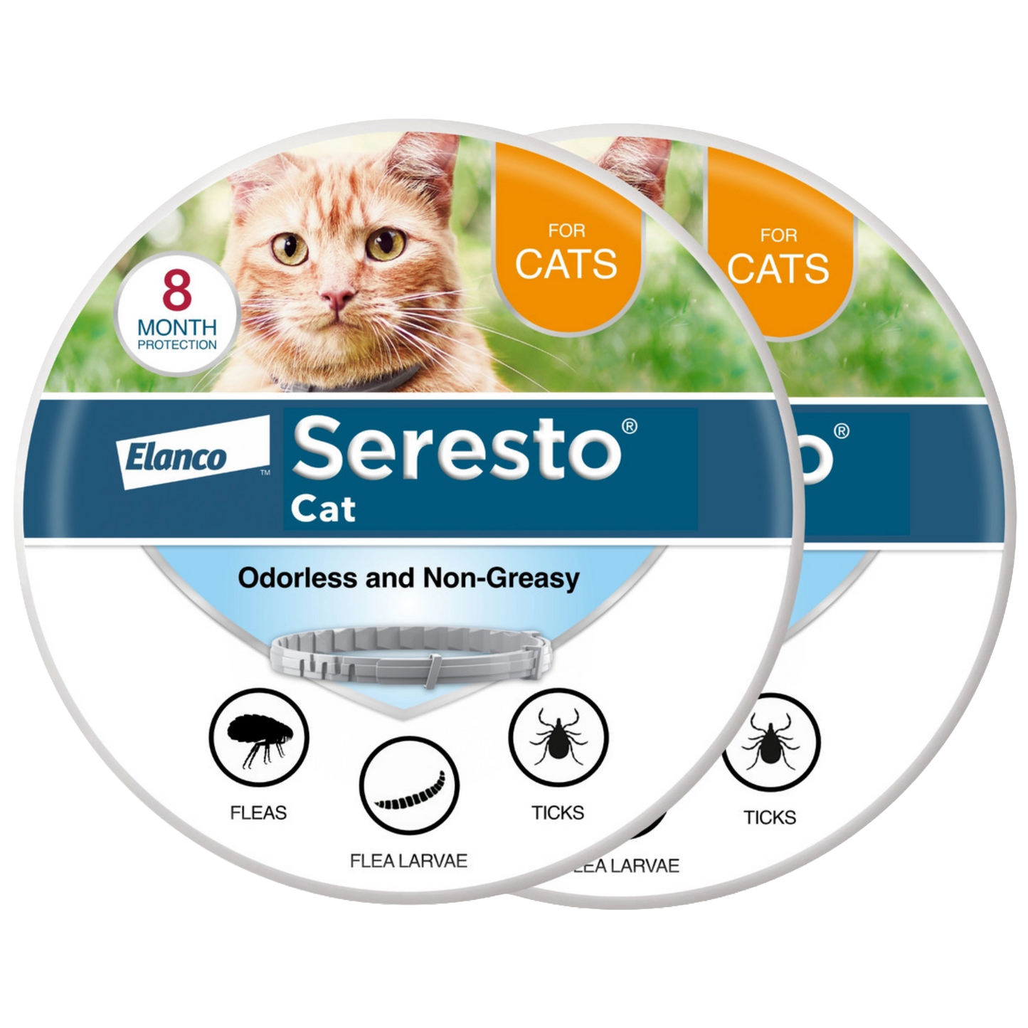 Seresto® Flea & Tick Collars for Cats & Dogs,"Two round cat collar tins with orange cat image and gray collar"